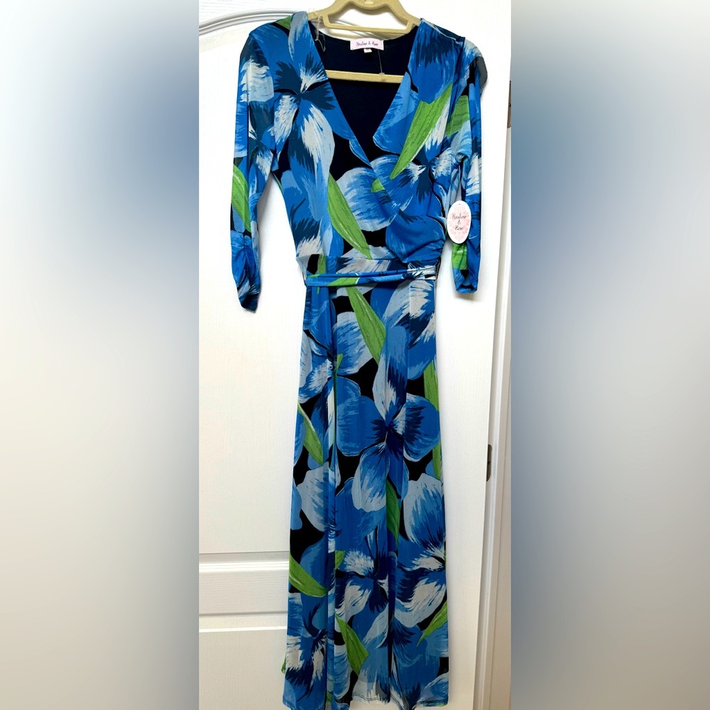 Long Sleeve Floral Maxi Dress - Blue and Green
